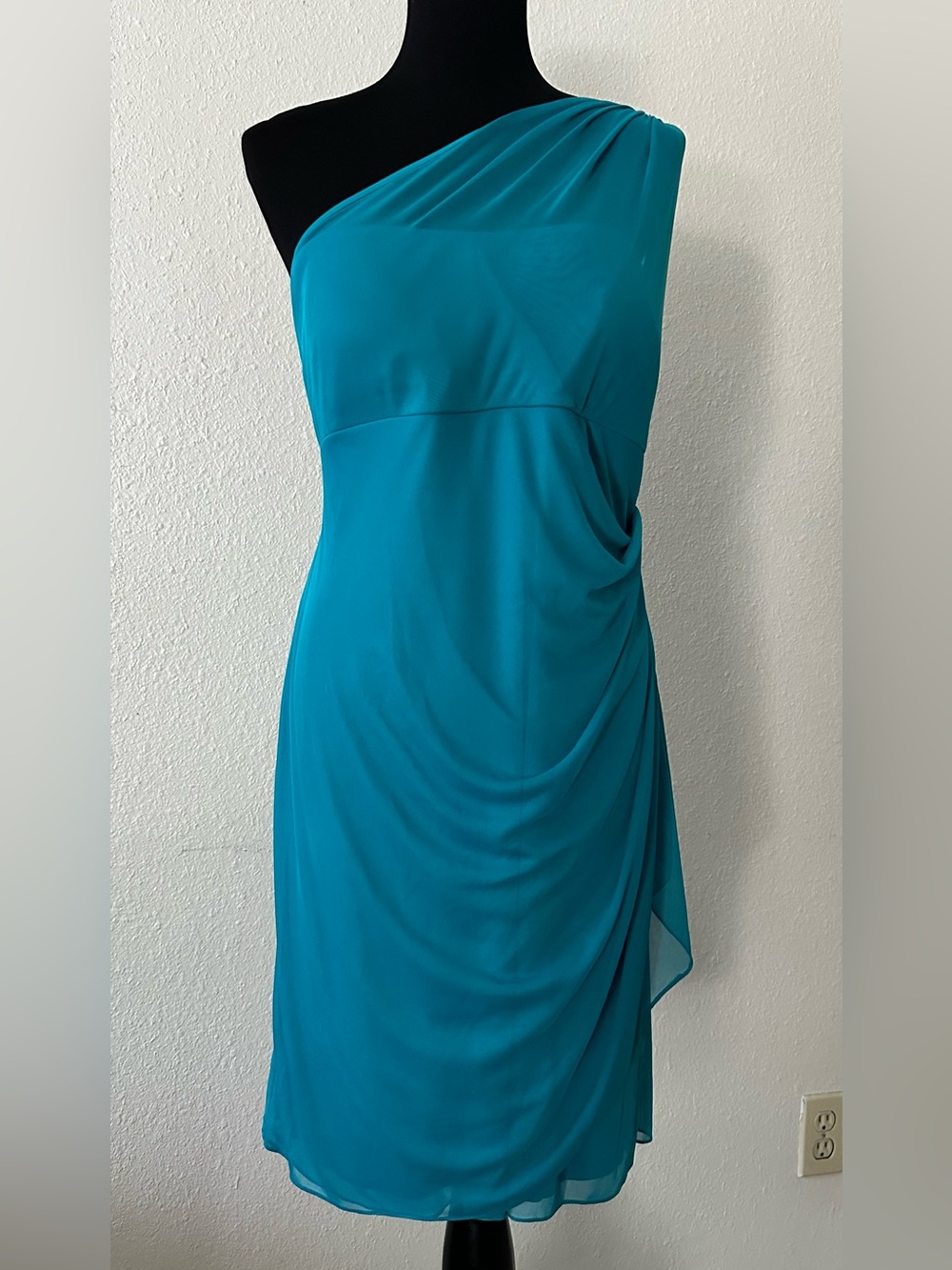 NWT David's Bridal Teal One-Shoulder Ruched Midi Dress Size 12